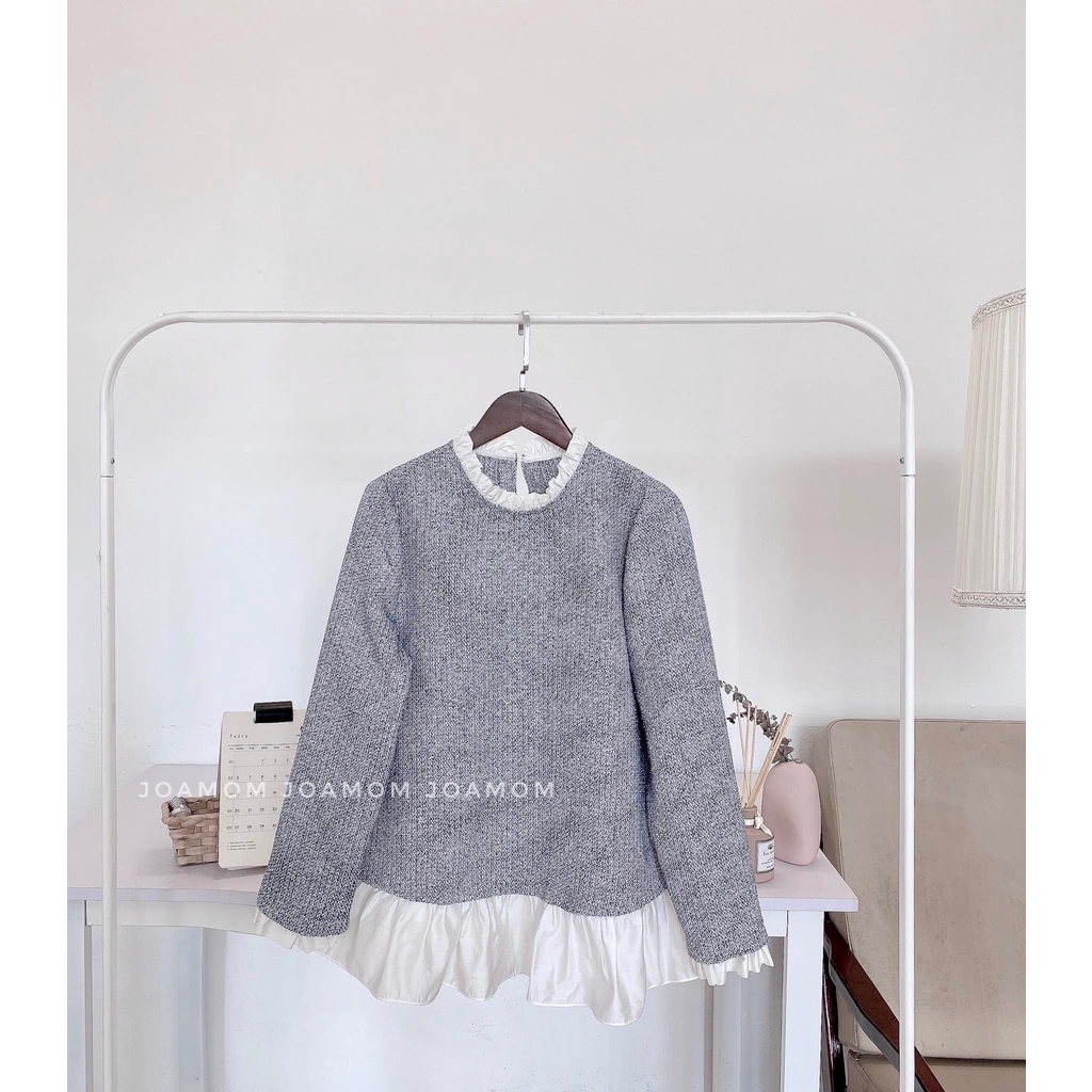 Áo sơ mi bầu dạ phỗi bèo cách điệu Joamom Ab126