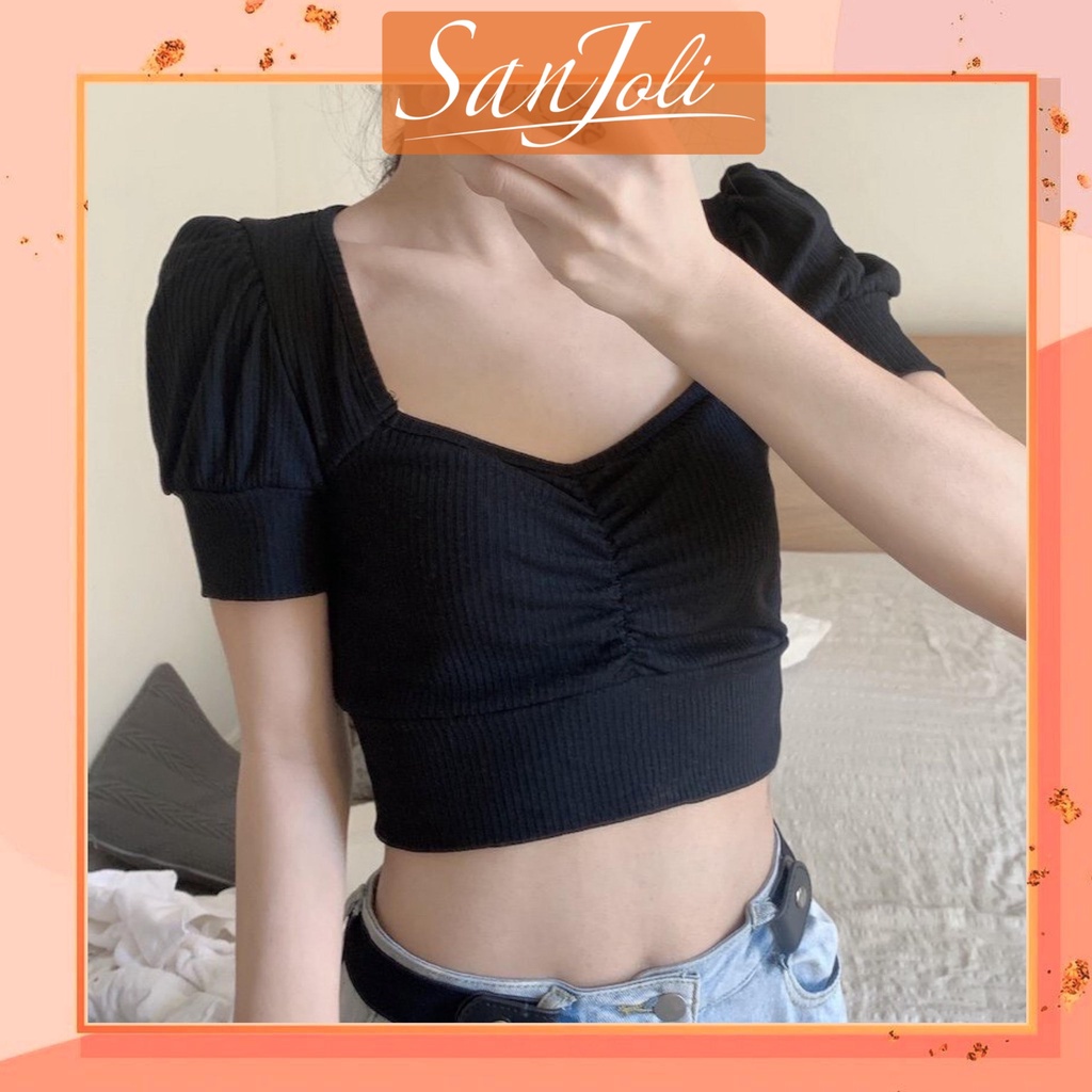 Áo Kiểu Croptop Tay Ngắn LOKOSA, Áo thun Crotop cổ vuông tay phồng ôm body thể thao cá tính AO012