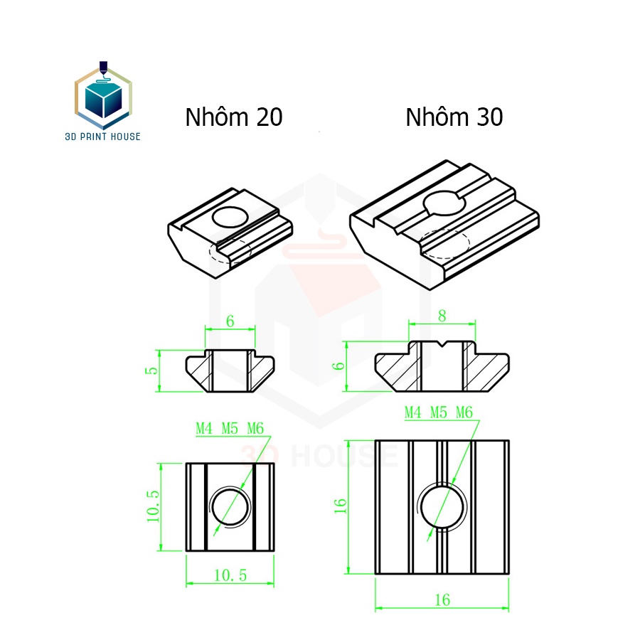 Tán Chữ T Luồn cho Nhôm Định Hình 2020, 3030 (10con)