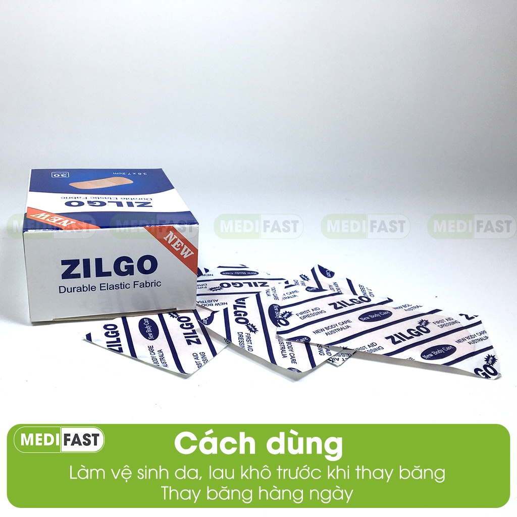 Băng cá nhân y tế Zilgo hộp 30 miếng cỡ to 3.8 x 7.2 cm tránh nhiễm trùng vết thương, rách da do dao kéo, ngã tai nạn