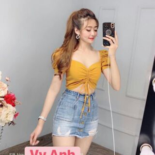 Áo croptop dây rút ngực tay con sexy