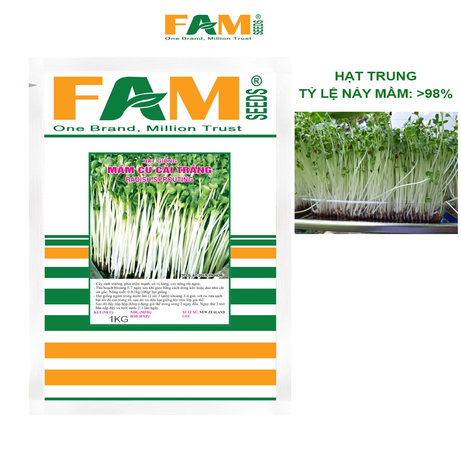 Gói 1kg Hạt Giống Rau Mầm Củ Cải Trắng Hạt Trung FAM SEEDS - Lợi Hạt, Năng Suất Cao, Dễ Trồng, Thu Hoạch Chỉ 5-7 Ngày