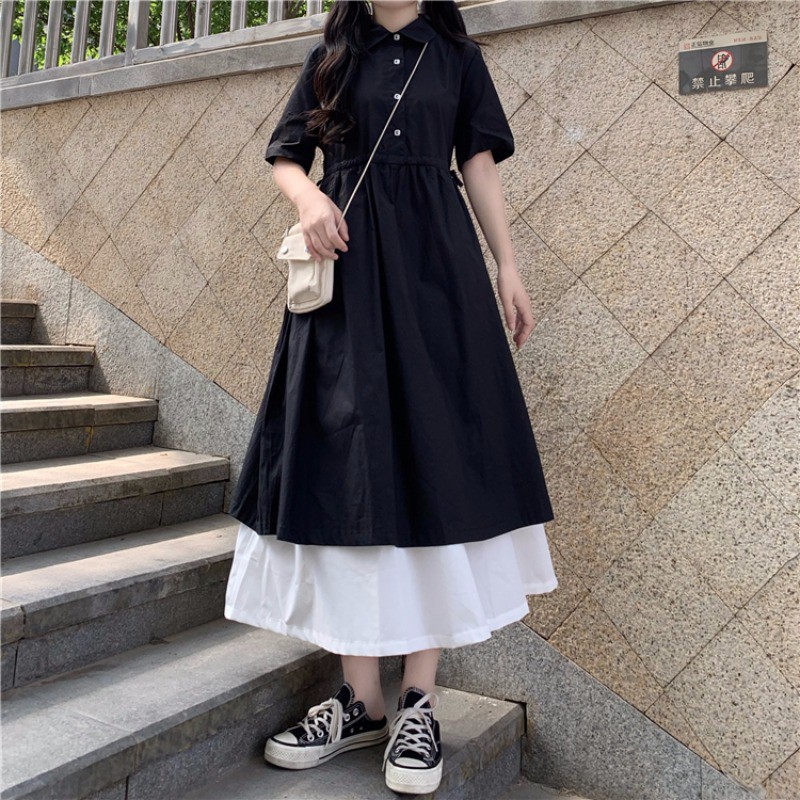 Váy xòe dài màu đen phối 2 tầng màu trắng style retro nữ sinh Hàn Quốc