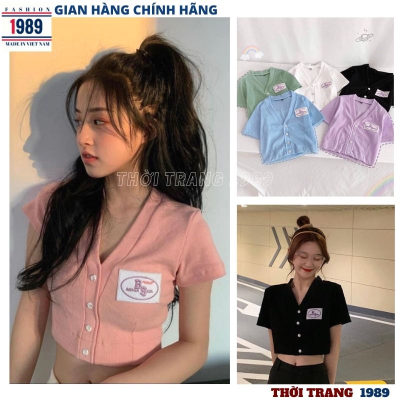 Áo thun croptop nữ cổ v in logo chất cottong mềm mịn ulzzang 5 mầu -PHƯƠNG VŨ 1989
