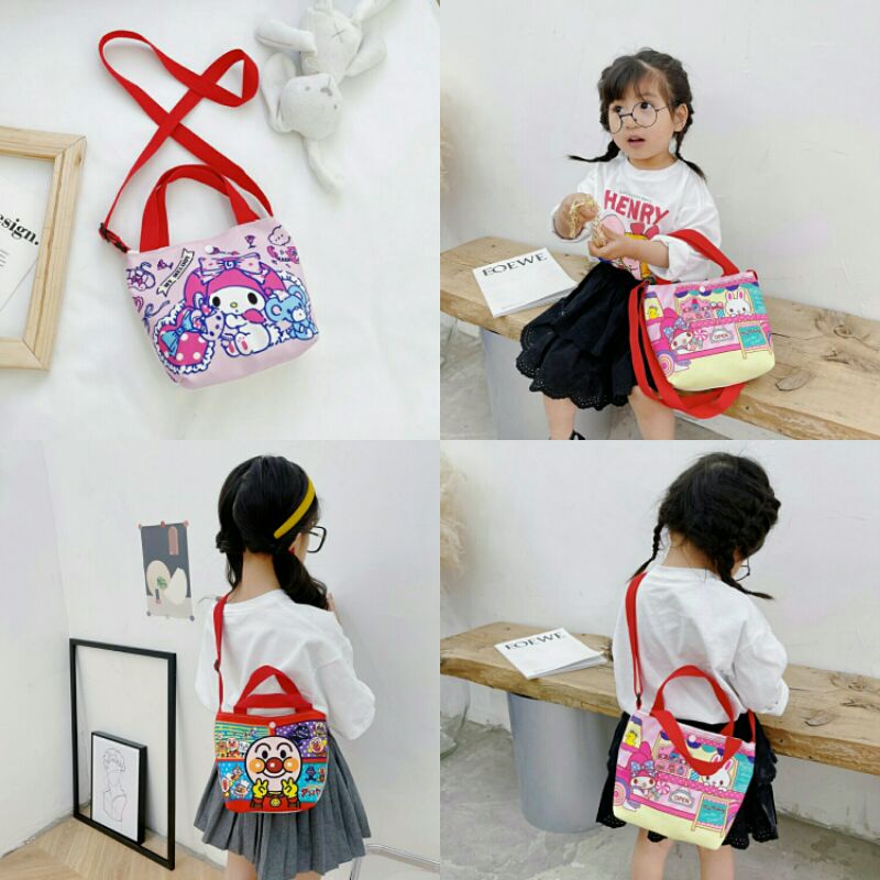 Túi đeo chéo vải canvas cho bé gái từ 3 đến 10 tuổi họa tiết hoạt hình có khuy bấm tránh thất lạc đsồ dùng cho bé