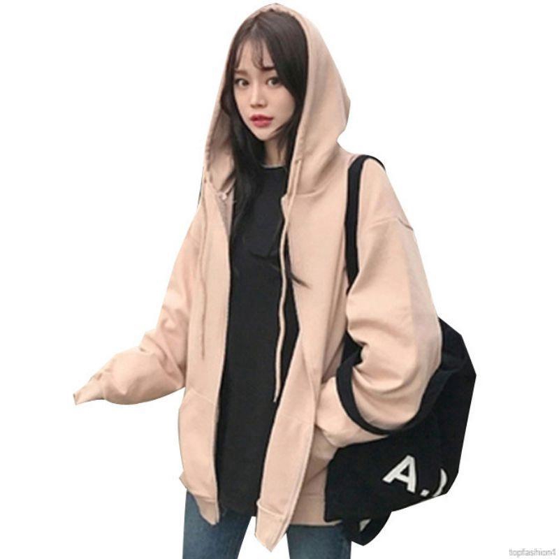 Áo khoác hoodie nhung dáng rộng màu trơn phối khoá kéo | BigBuy360 - bigbuy360.vn