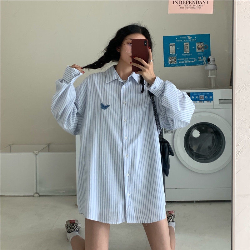 IELGY Áo sơ mi nữ dáng rộng tay dài cổ polo kẻ sọc họa tiết thêu thời trang Hàn Quốc