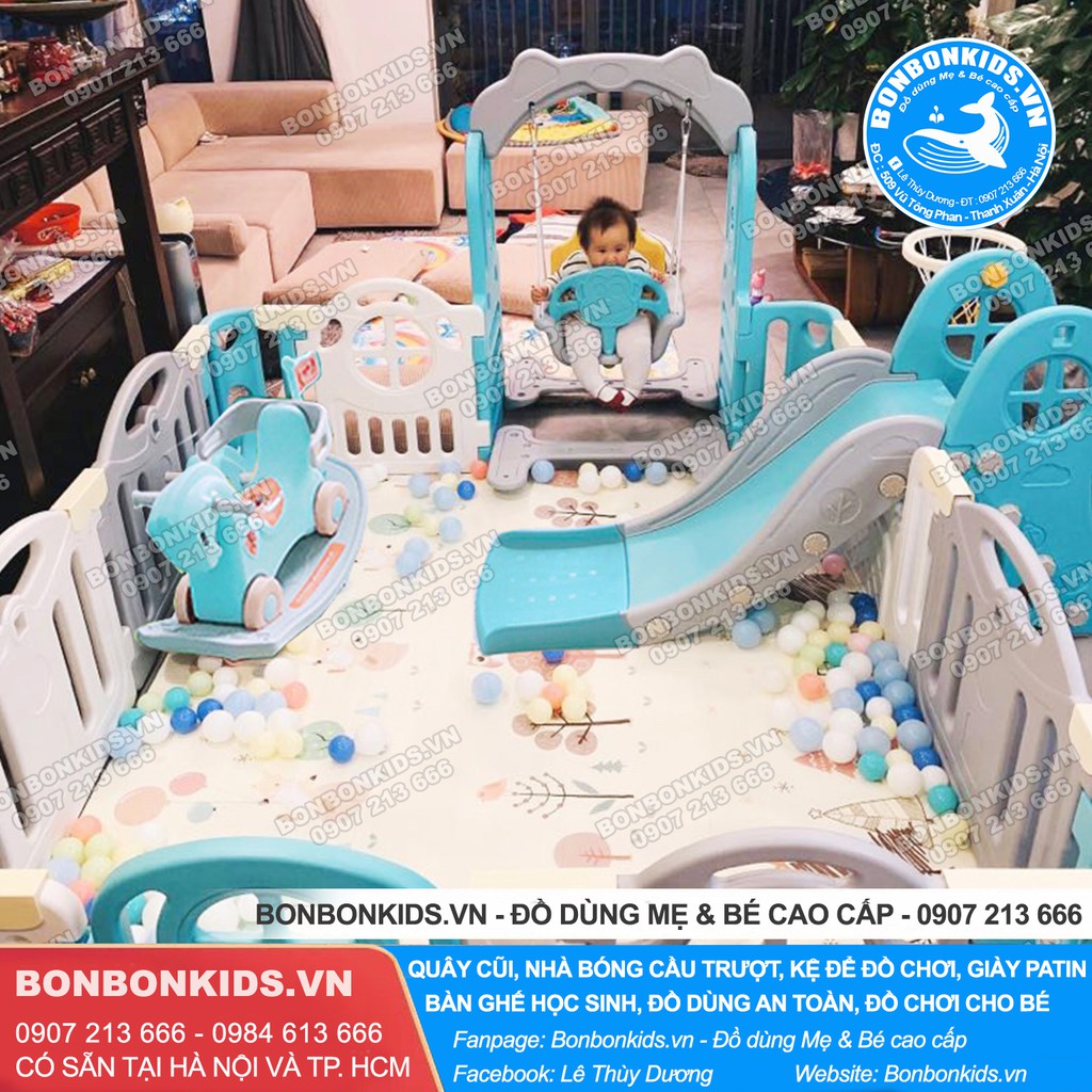 Trọn bộ Nhà banh Quây Full Newber Kiddy, xích đu, cầu trượt 9 chi tiết (Có bo góc, Kèm bóng rổ)