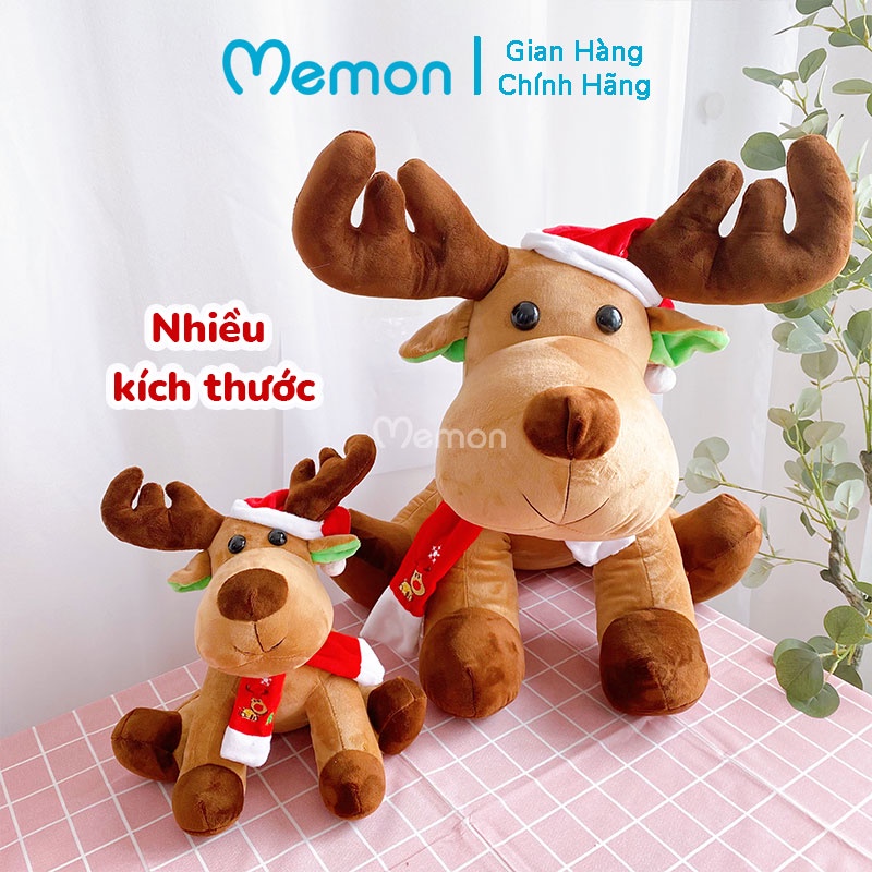 Gấu Bông Giáng Sinh Tuần Lộc Ngồi Đội Mũ Noel Cao Cấp Memon