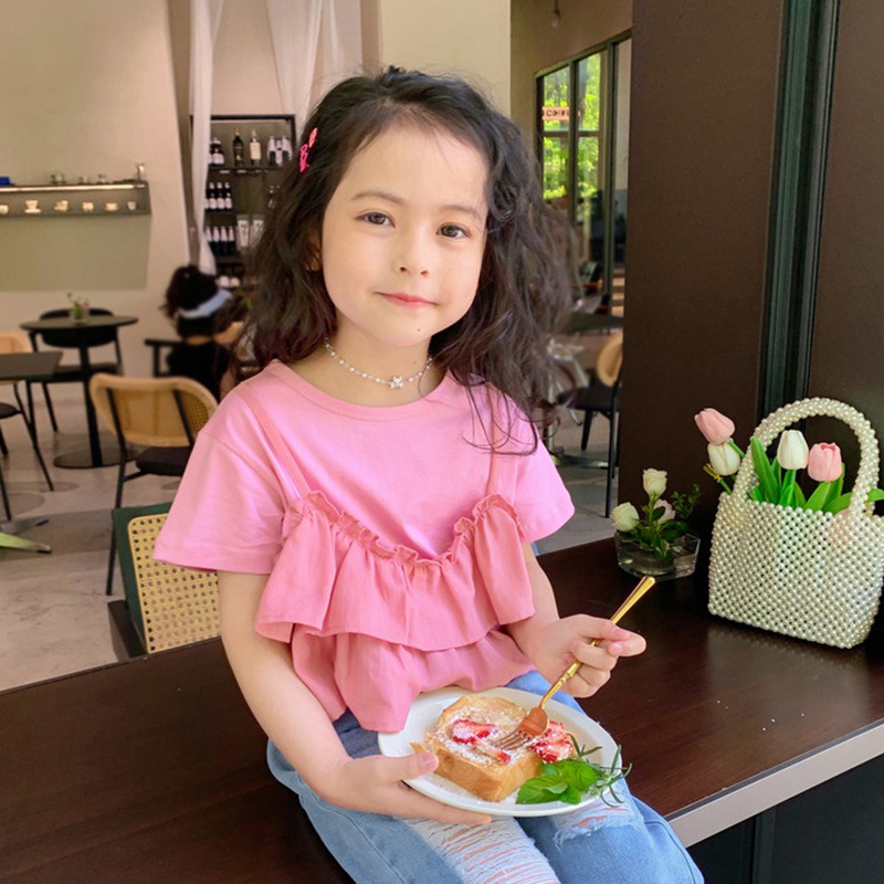 Se7en Áo Sơ Mi Ngắn Tay Cổ Thuyền Nhún Bèo Thời Trang Mùa Hè Giản Dị Dành Cho Bé Gái