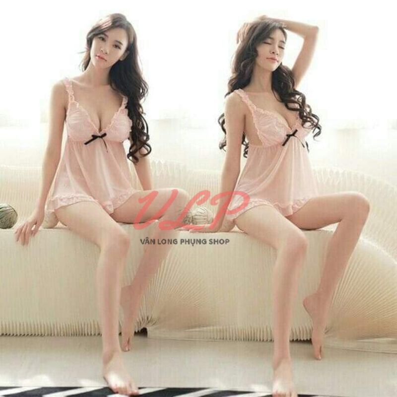 [FREESIZE_58KG]_DN78_Váy ngủ baby doll ren bèo nơ ngực xuyên thấu sexy