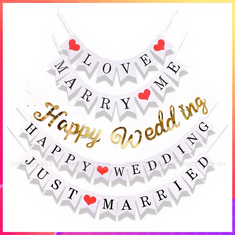 Dây cờ chữ Happy Wedding love trang trí phòng cưới, tiệc cưới