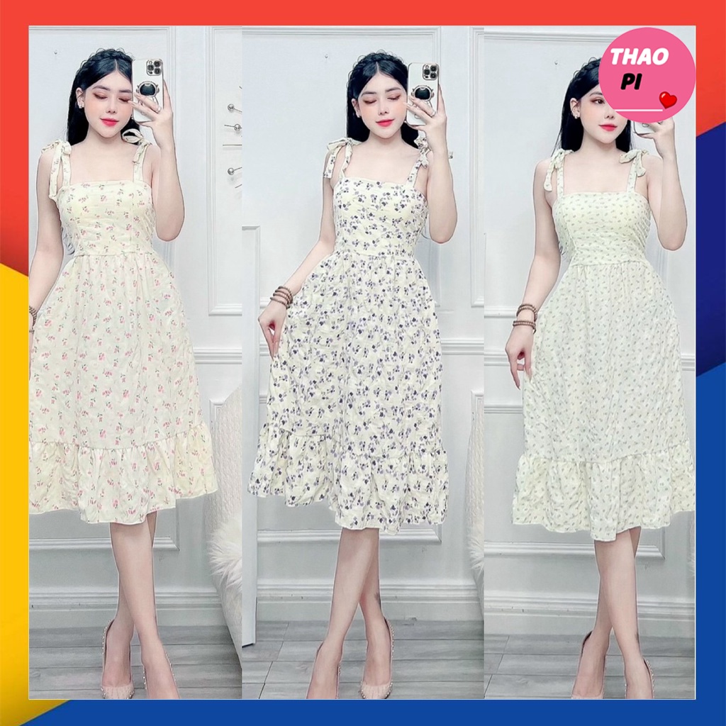Đầm suông hoa nhí đuôi cá cột nơ vai đi biển đi du lịch hình thật