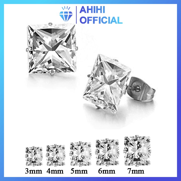 Bông tai nam inox cao cấp đẹp 1 cặp đá vuông trắng bấm lỗ tai ahihi.official nhiều cỡ 3mm 4mm 5mm 6mm 7mm PTBTNA20