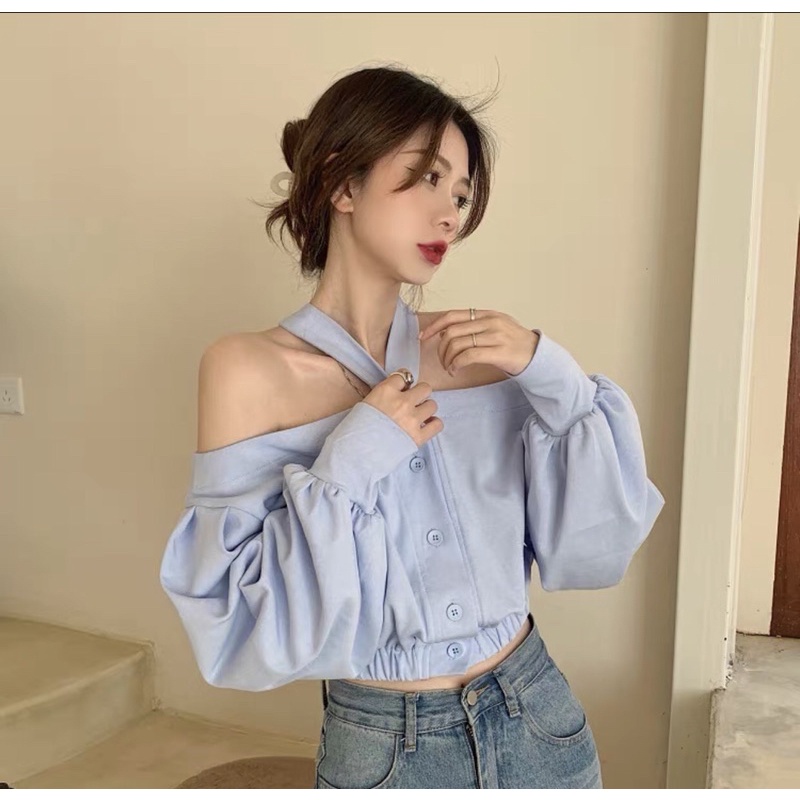 Áo Trễ Vai Dài Tay Cổ Chữ V Trendy Phong Cách Sexy Ulzzang Hàn Quốc Màu Xanh/Be