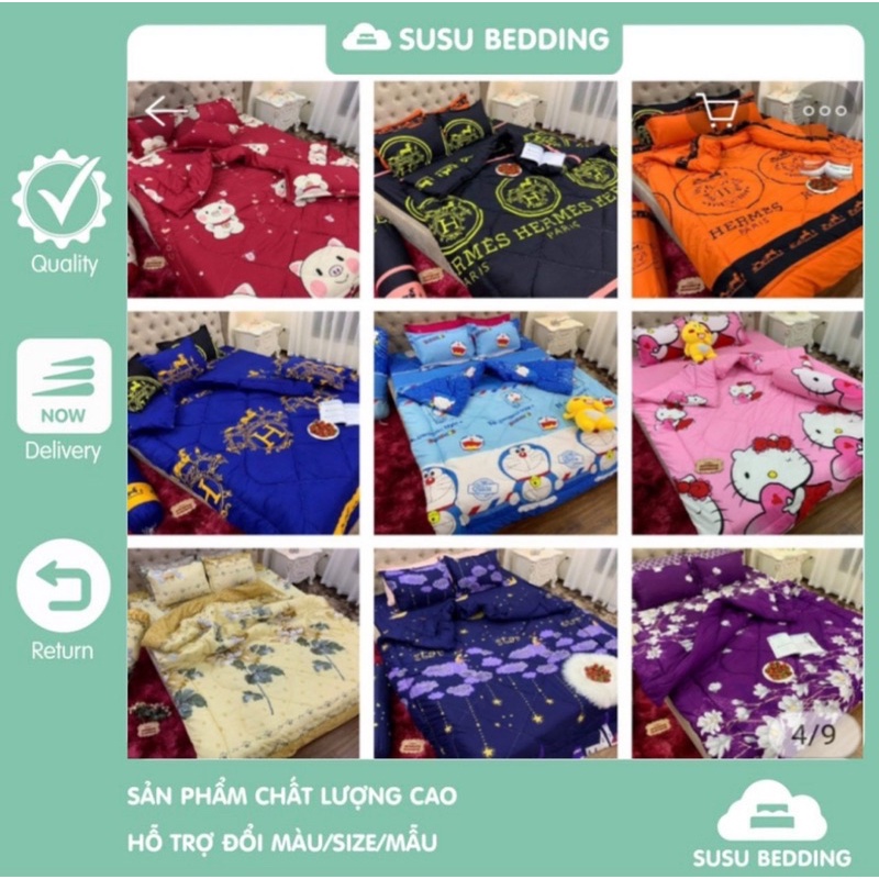 Xả kho set chăn ga poly 5 món, chăn phao Trần bông dày dặn kèm ga gối cùng màu