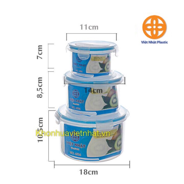 Bộ 3 Hộp đựng thực phẩm tròn tủ lạnh trữ đông bảo quản thức ăn chất liệu nhựa PP an toàn quay lò vi sóng Nhựa Việt Nhật