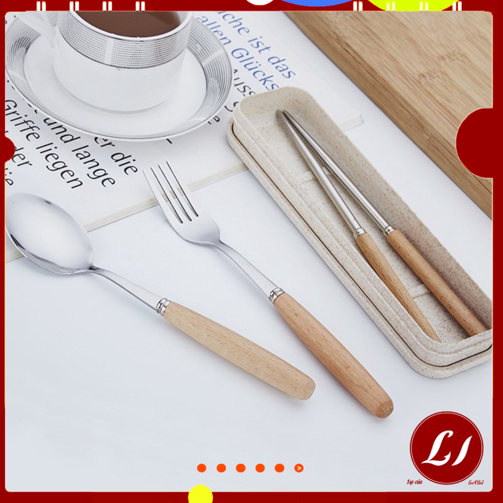 Bô Thìa dĩa đũa 3 món kèm Hộp LÚA MẠCH nhỏ gọn, tiện lợi