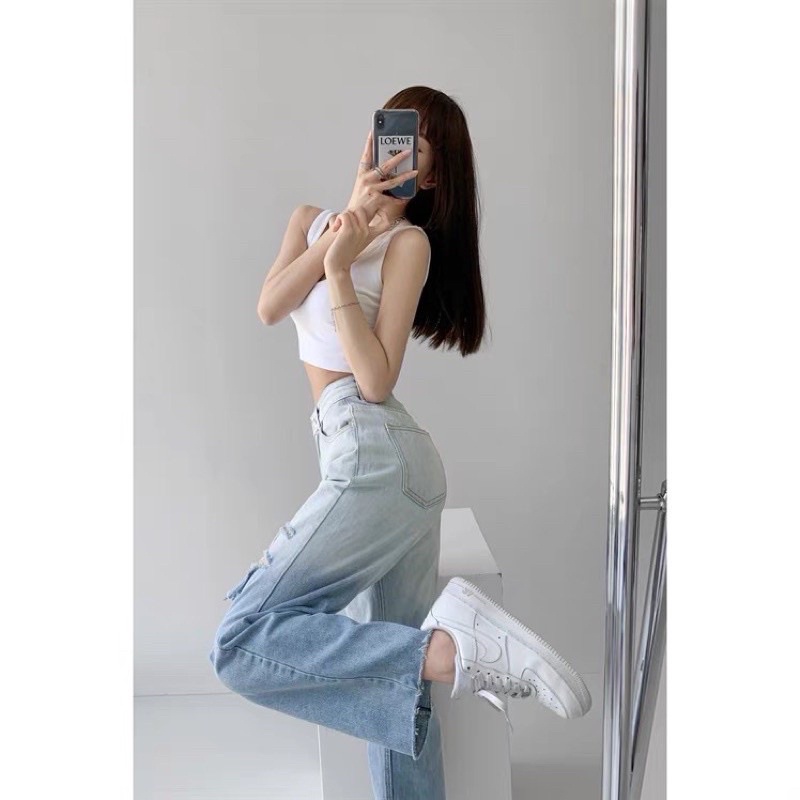 (H.N.M) Quần jean nữ ống rộng loang màu xanh nhạt rách sọc 2 bên kiểu dáng trẻ trung thời trang hot trend