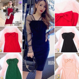 Đầm ôm body tay lưới thắt nơ kim tuyến kèm hình thật và video