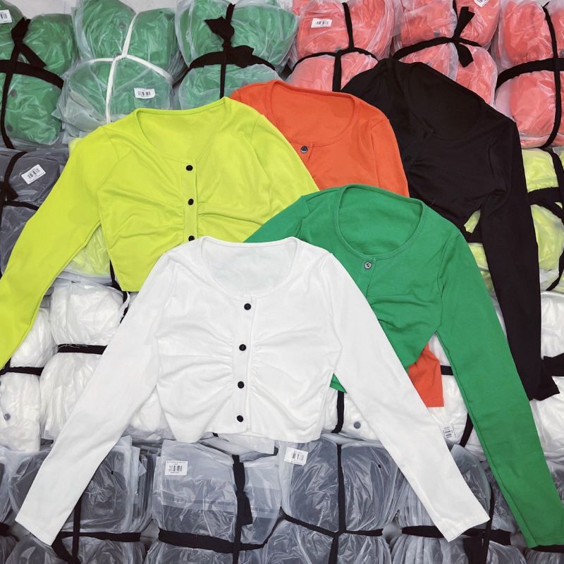 Áo nhíu ngực tay dài phối nút croptop (Hình thật 100%)