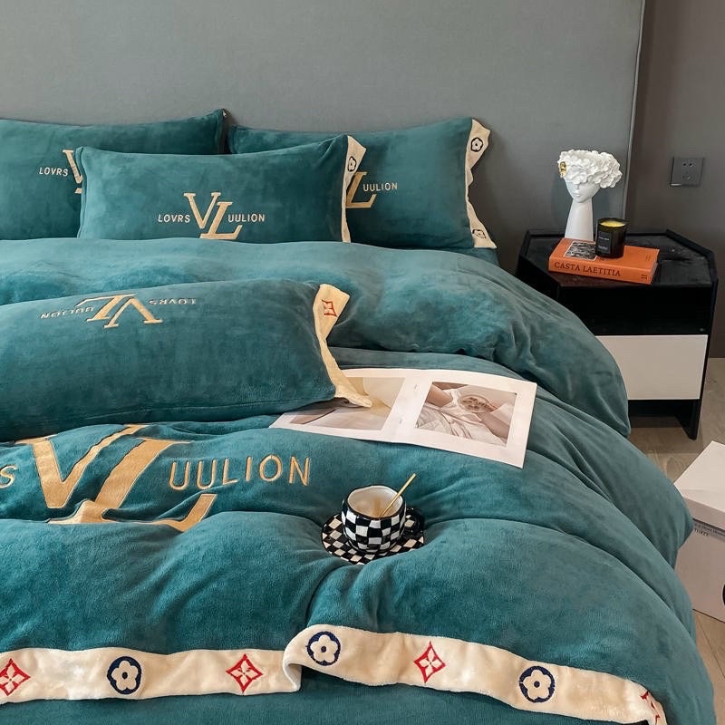 Bộ chăn ga gối nỉ nhung thêu thương hiệu LV sang trọng Xịn Decor SHOP VŨ THỊ THƠM