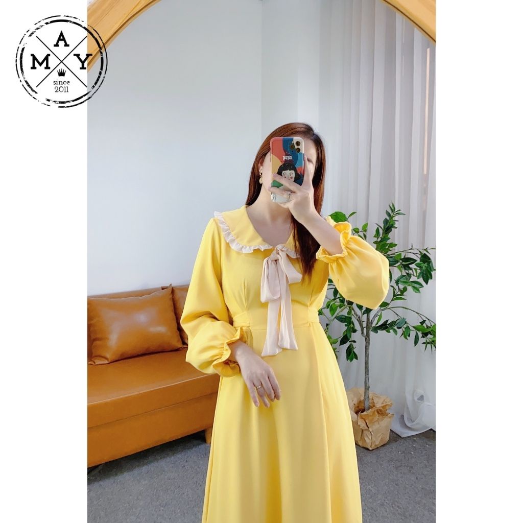 Váy Cổ Sen Viền Bèo Gắn Nơ Cổ MAY.SINCE2011 Thiết Kế Ôm Trên Vạt Váy Xòe Chất Liệu Vải Thoáng Mát MAN01-0087 | BigBuy360 - bigbuy360.vn