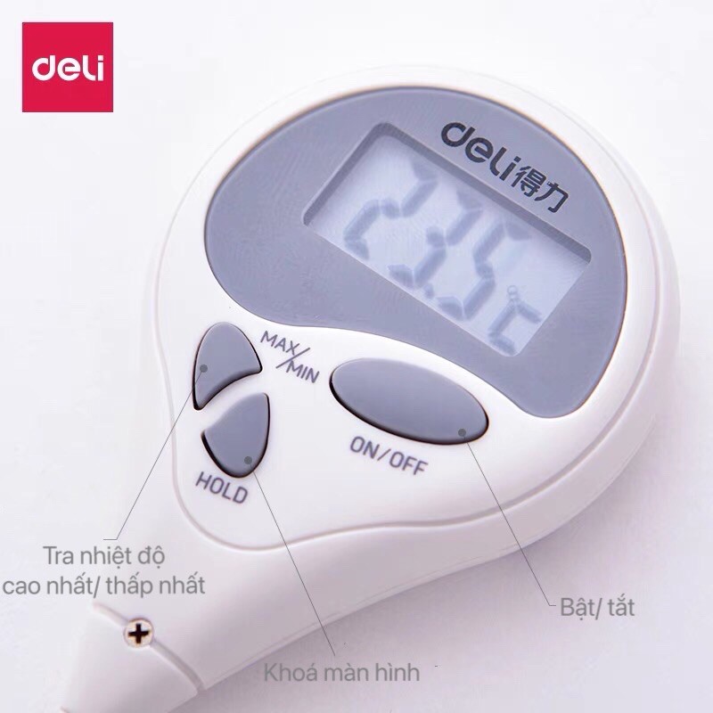 Nhiệt kế điện tử đa năng Deli đo nhiệt độ sữa, nước, thực phẩm, chất lỏng, bấm giờ, gấp gọn chất liệu an toàn