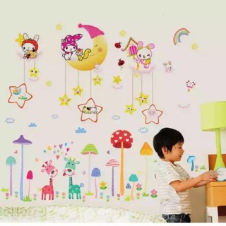 Decal dán tường Combo 2 tranh chúc bé ngủ ngon + nấm và hươu