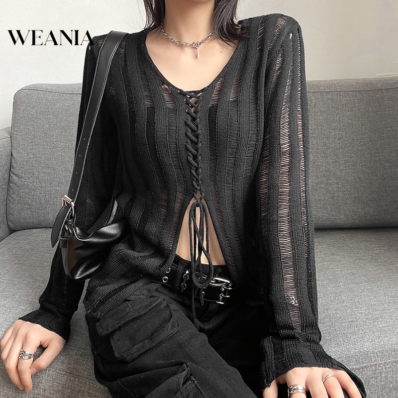 Áo Dệt Kim Tay Dài Dáng Rộng Cổ Chữ V Thắt Dây Quyến Rũ