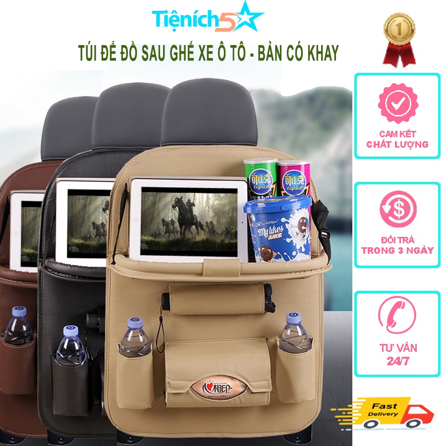 Túi Để Đồ Treo Sau Lưng Ghế Xe Ô Tô - Chất Liệu Da PU Cao Cấp Nhiều Màu, Bản Có Khay - Kết Hợp Túi, Khay Để Đồ Tiện Lợi