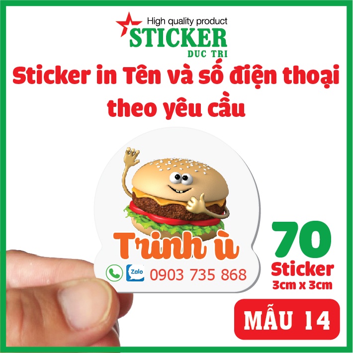 70 Sticker in tên và số điện thoại in theo yêu cầu. (sticker nhựa chống nước)