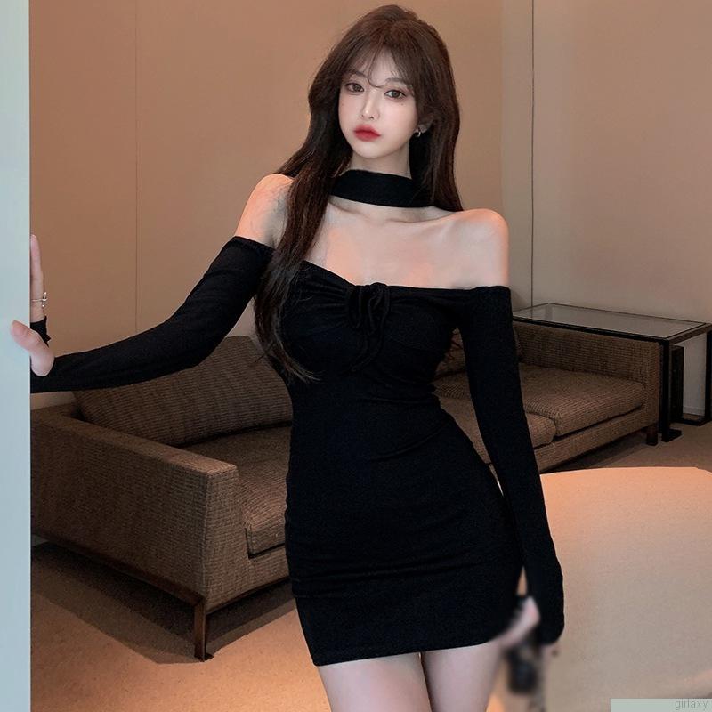 Váy mini dáng ôm tay dài hở vai màu sắc thời trang phong cách Hàn Quốc cho nữ