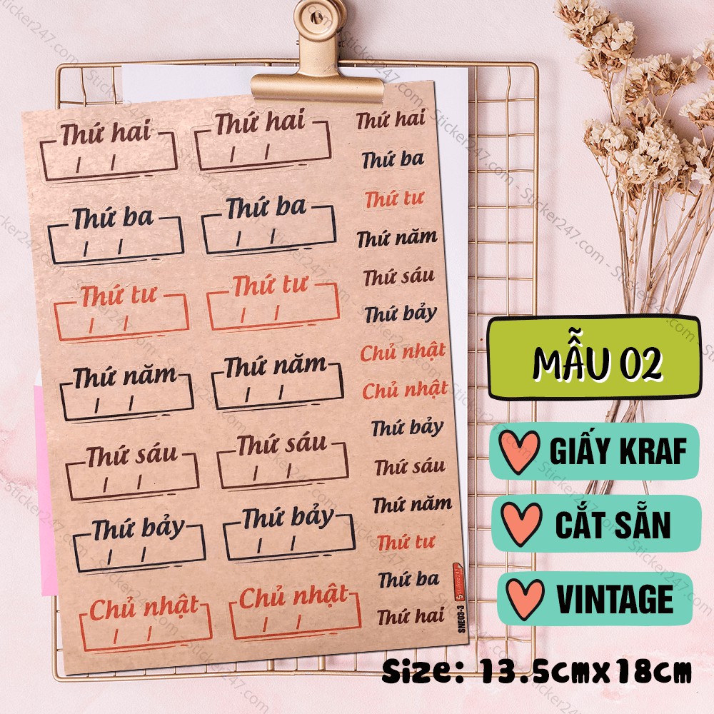 Sticker Đề Thứ Trong Tuần - Tháng Trong Năm - Note - Washi 𝑭𝒓𝒆𝒆𝒔𝒉𝒊𝒑 Decal Giấy Kraft Vintage dùng trang trí sổ, tập