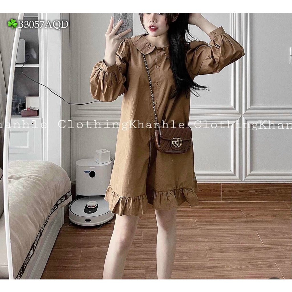 đầm baby phối nút xòe nhẹ cổ tròn bẻ dài tay