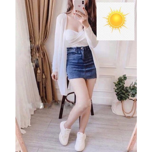 Áo khoác len mỏng dáng dài xẻ tà trơn không túi