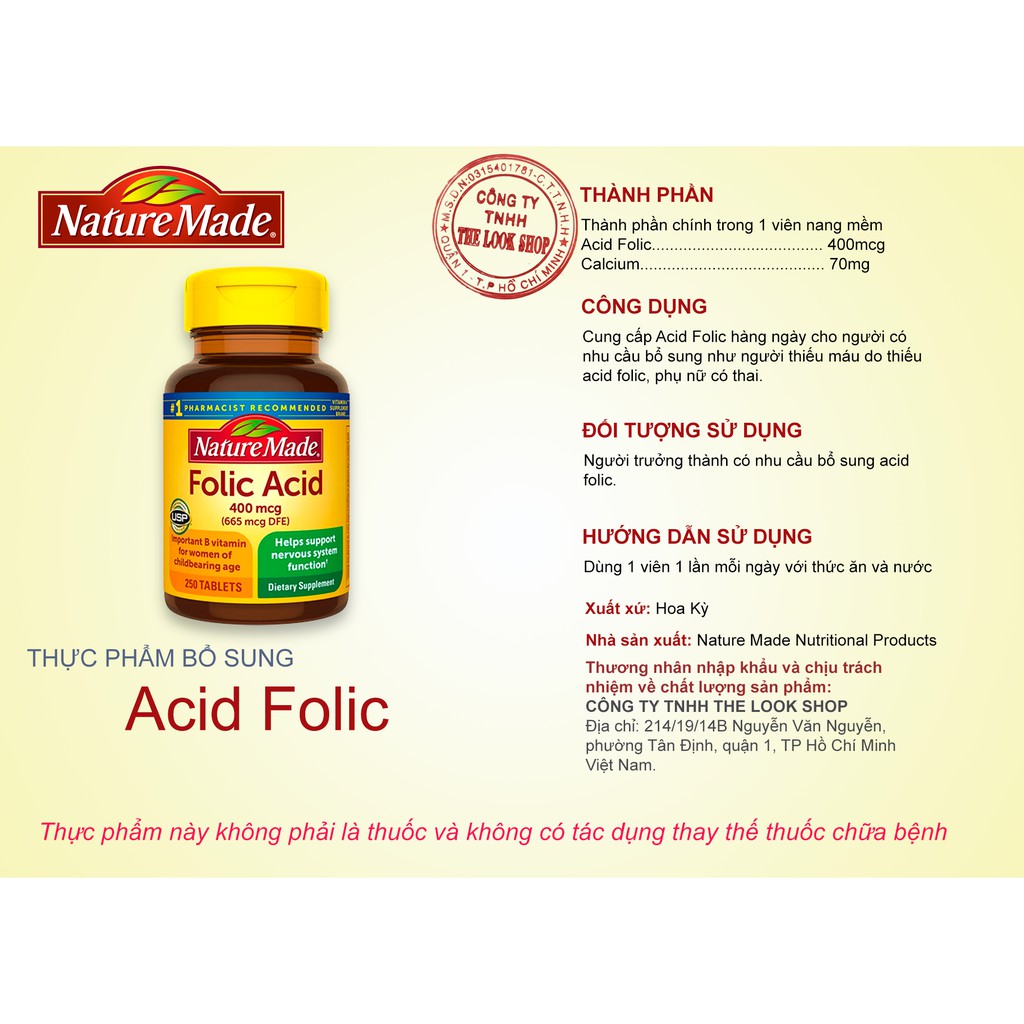 USA- Viên uống Folic Acid 400mcg 250 viên Nature Made