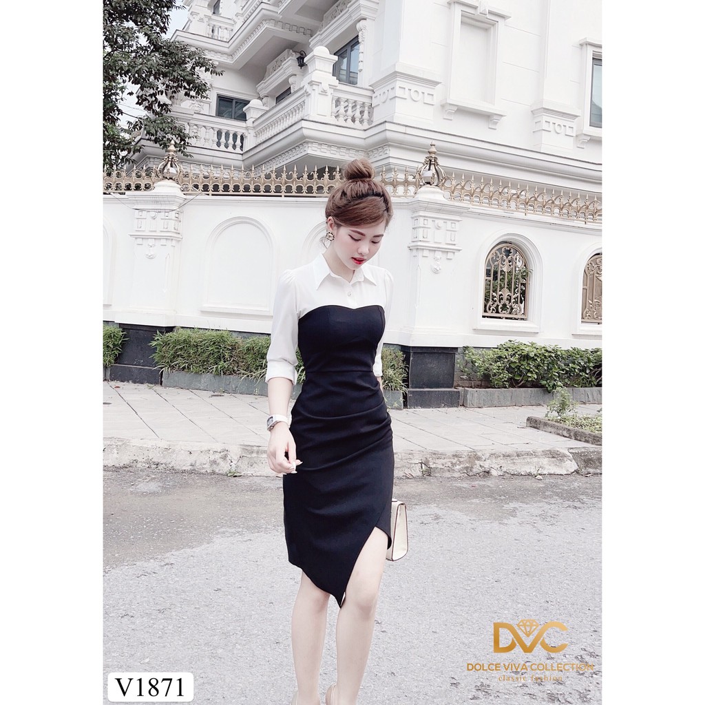 Váy đen tay trắng vạt chéo V1871 - DOLCE VIVA COLLECTION