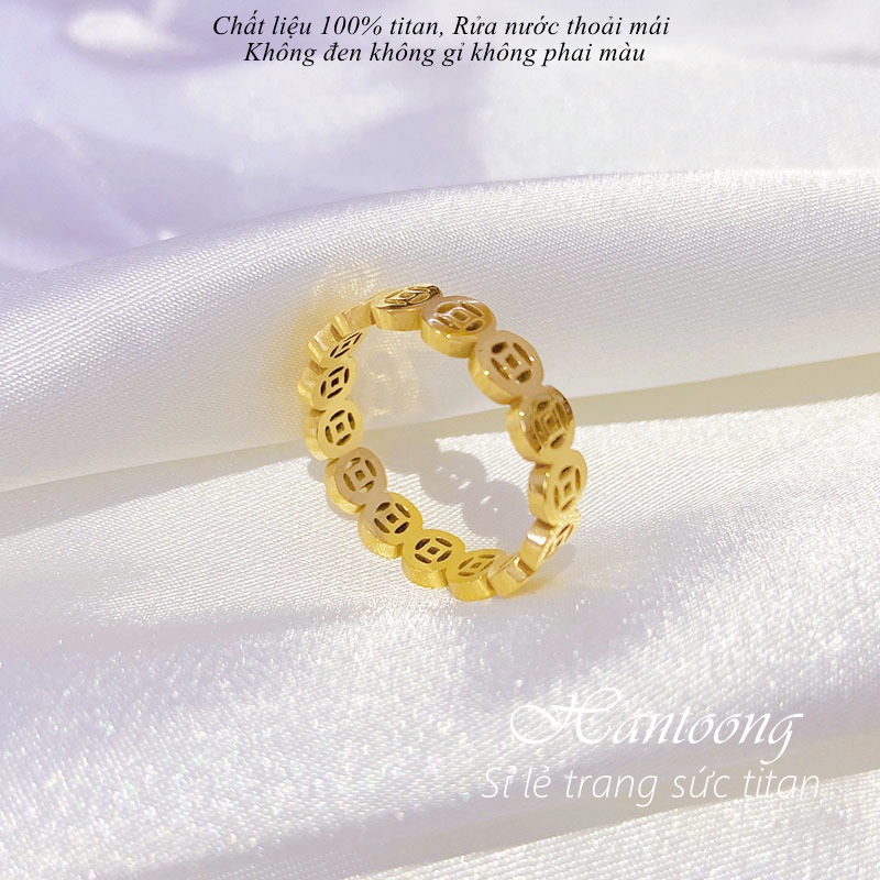 Nhẫn kim tiền bằng titan không gỉ mạ vàng 18k kiểu cổ điển sang trọng dành cho phái nữ