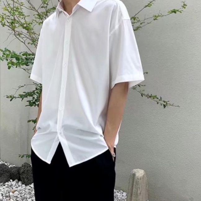 Áo Sơ Mi Tay Ngắn Dáng Rộng Vải Lụa Mát Màu Trơn Đơn Giản Thời Trang Cao Cấp Cho Nam Áo sơ mi thời trang thường ngày