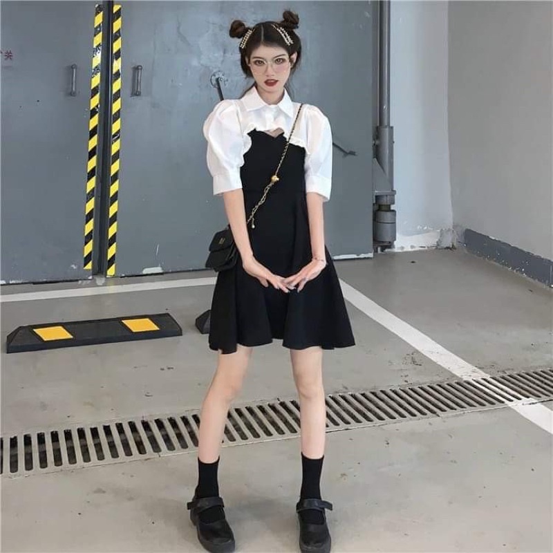 Sét áo sơ mi bèo cộc tay + váy KA