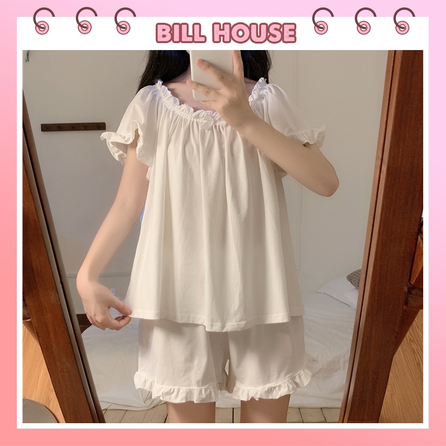Bộ ngủ tiểu thư mặc nhà cao cấp tay cộc quần cộc cho mùa hè chất cotton mềm mịn 2D05
