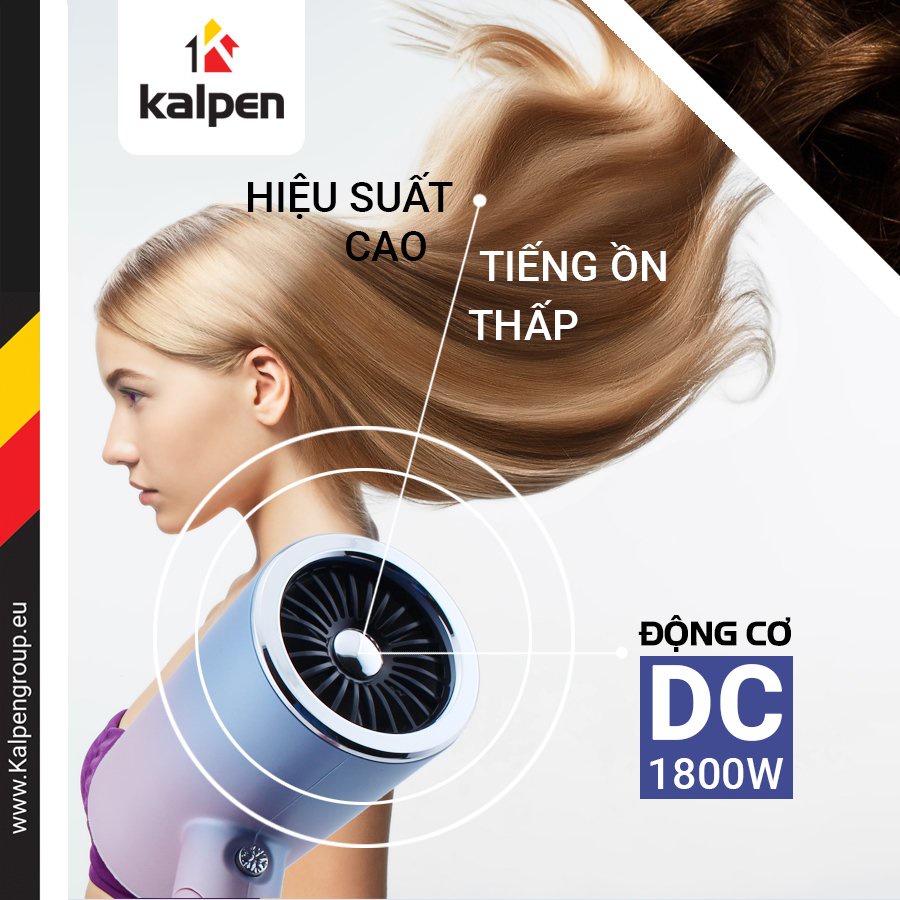 Máy sấy tóc công suất lớn tạo kiểu Kalpen với 3 chế độ sấy thông minh, công suất 1800w