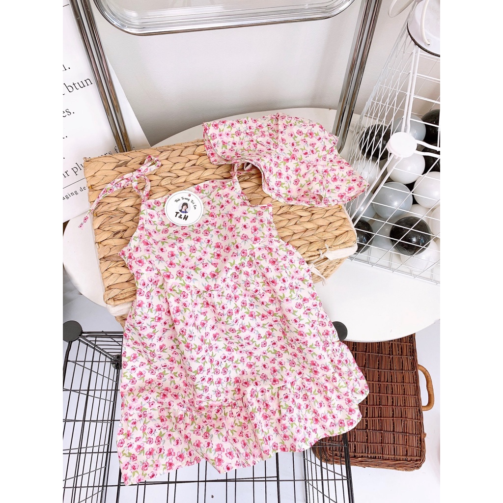 Váy 2 dây bé gái thô hoa nhí kèm mũ đội size đại 14-26kg XHN1010