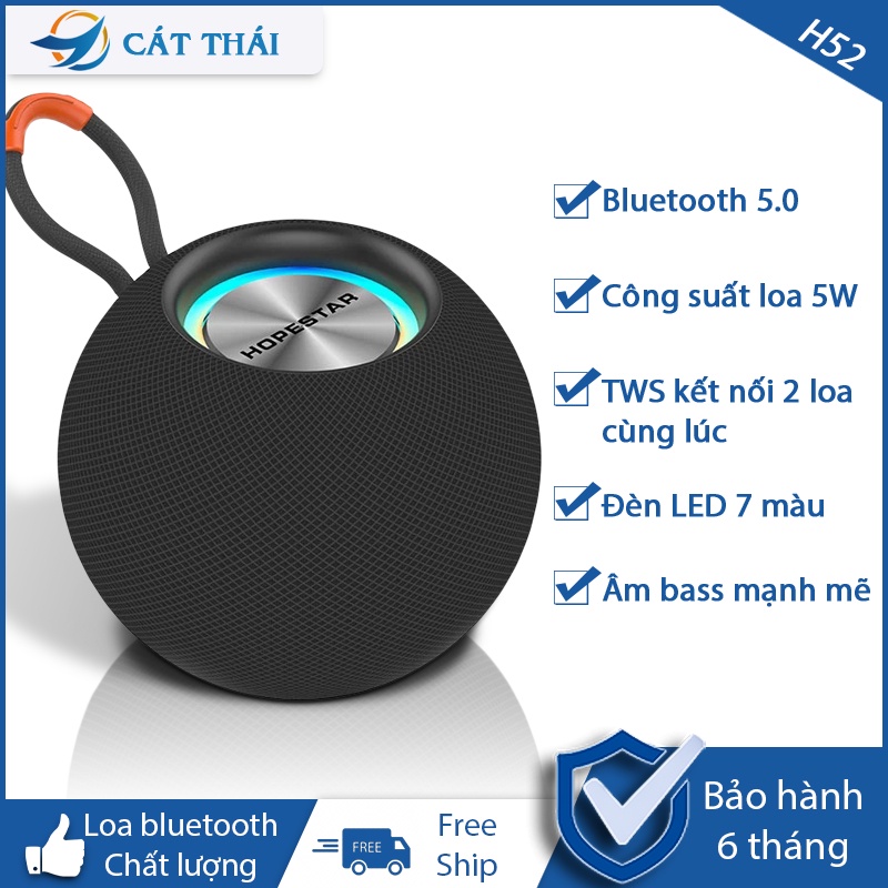 Loa bluetooth bass mạnh H52 có móc treo rất tiện lợi, công suất 5W bluetooth 5.0, đèn LED chuyển màu âm bass mạnh