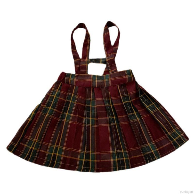 Bộ áo sơ mi cổ bẻ tay dài + chân váy yếm kẻ sọc caro dễ thương cho bé gái 3-8 tuổi