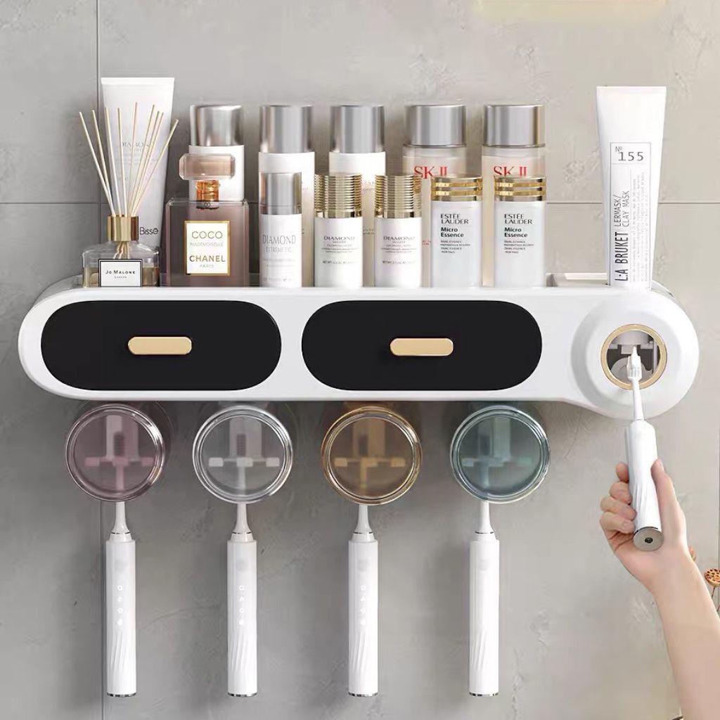 Bộ nhả kem đánh răng tự động, Kệ để bàn chải đánh răng bản cao cấp tặng kèm miếng dán chịu lực-BHDsmile