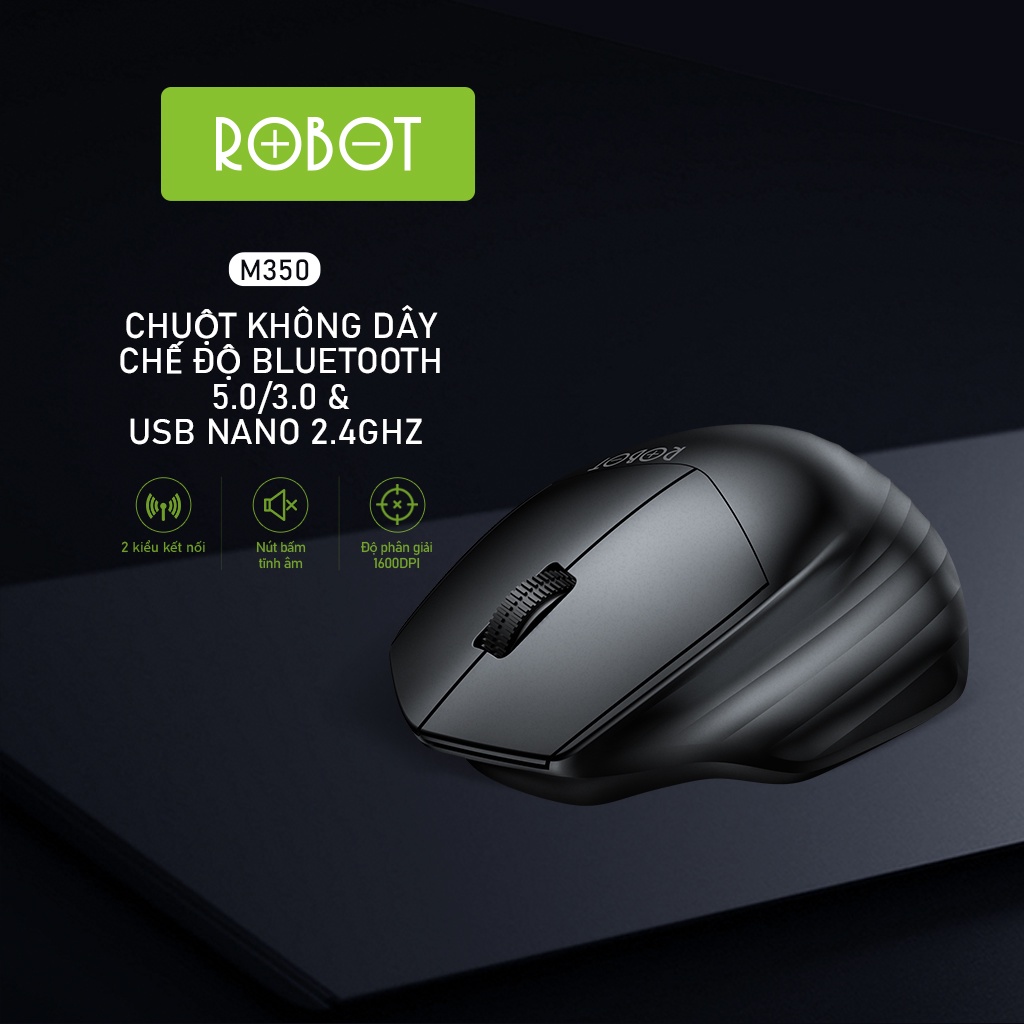 Chuột Không Dây Tĩnh Âm ROBOT M350 Kết Nối Bluetooth 3.0/5.0 &amp; USB Nano 2.4 GHz - Độ Phân Phải 1600 DPI