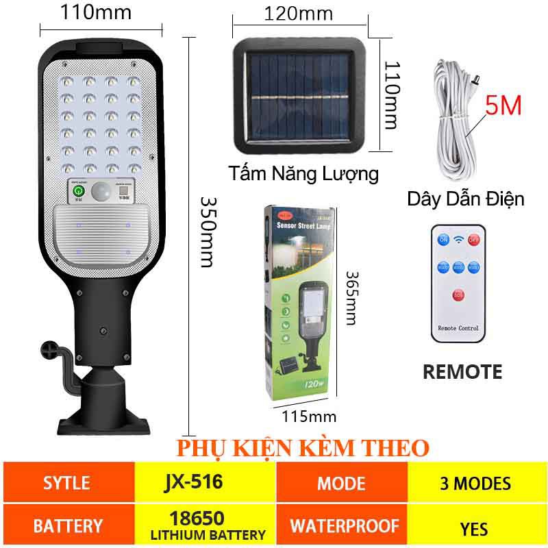 Đèn Năng Lượng Mặt Trời 100W JX-516 , Cảm biến Sáng Tối , Cảm Biến Chuyển Động LOẠI CÓ REMOTE , CÓ DÂY 5M