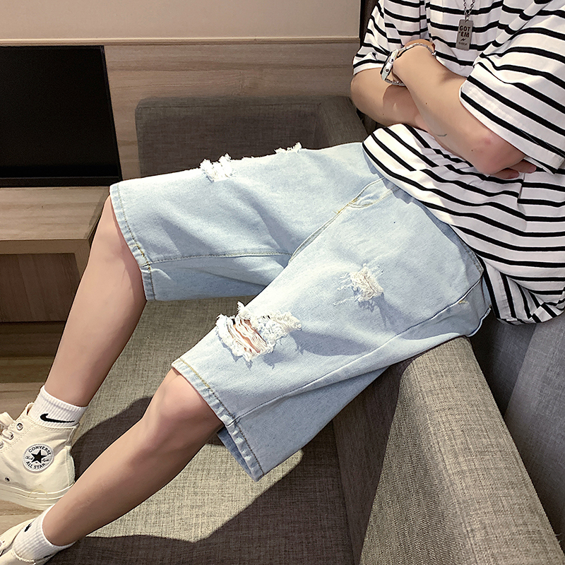 Korean Style Men's Fashion Light Blue Hole Denim Shorts Men's High-waisted Straight Casual Pants